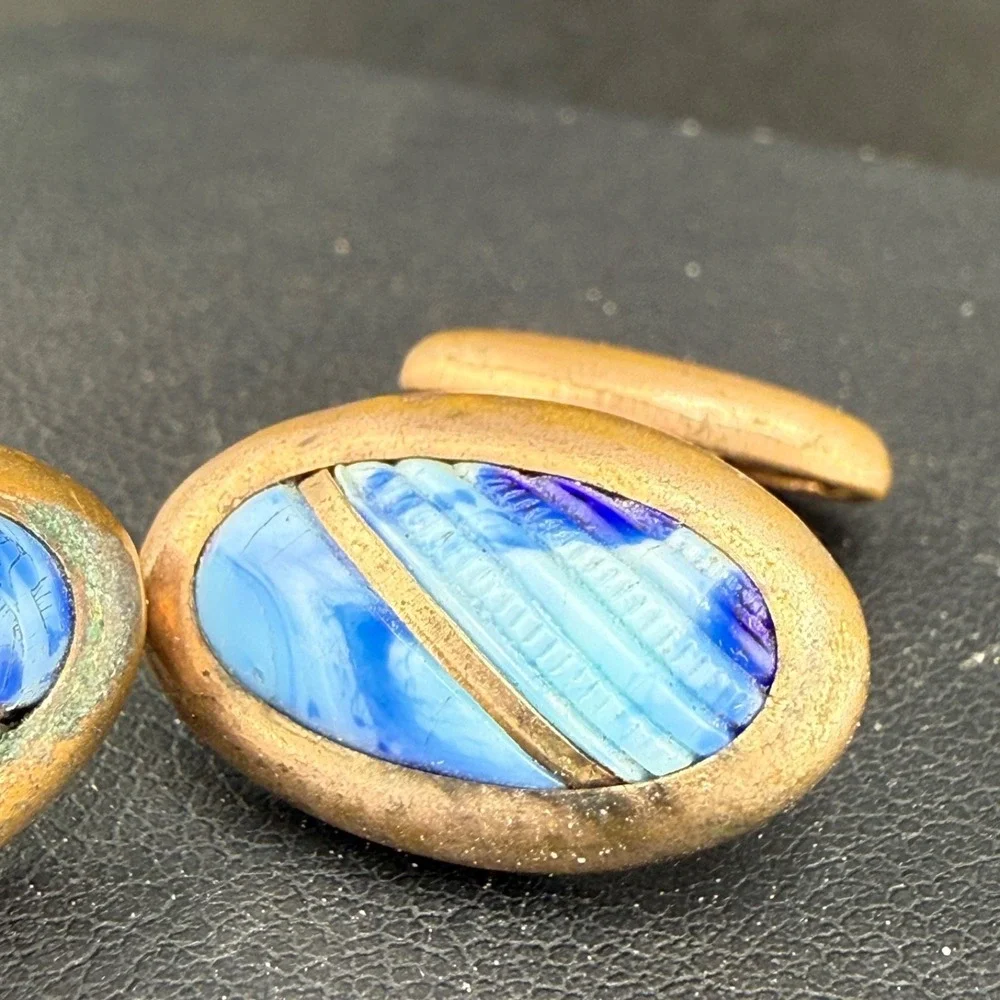 Vintage Antique Carved Blue Stone Cufflinks Gold Tone